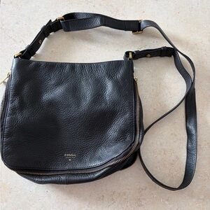 Fossil Black Leather Messenger Bag with Gold Accents